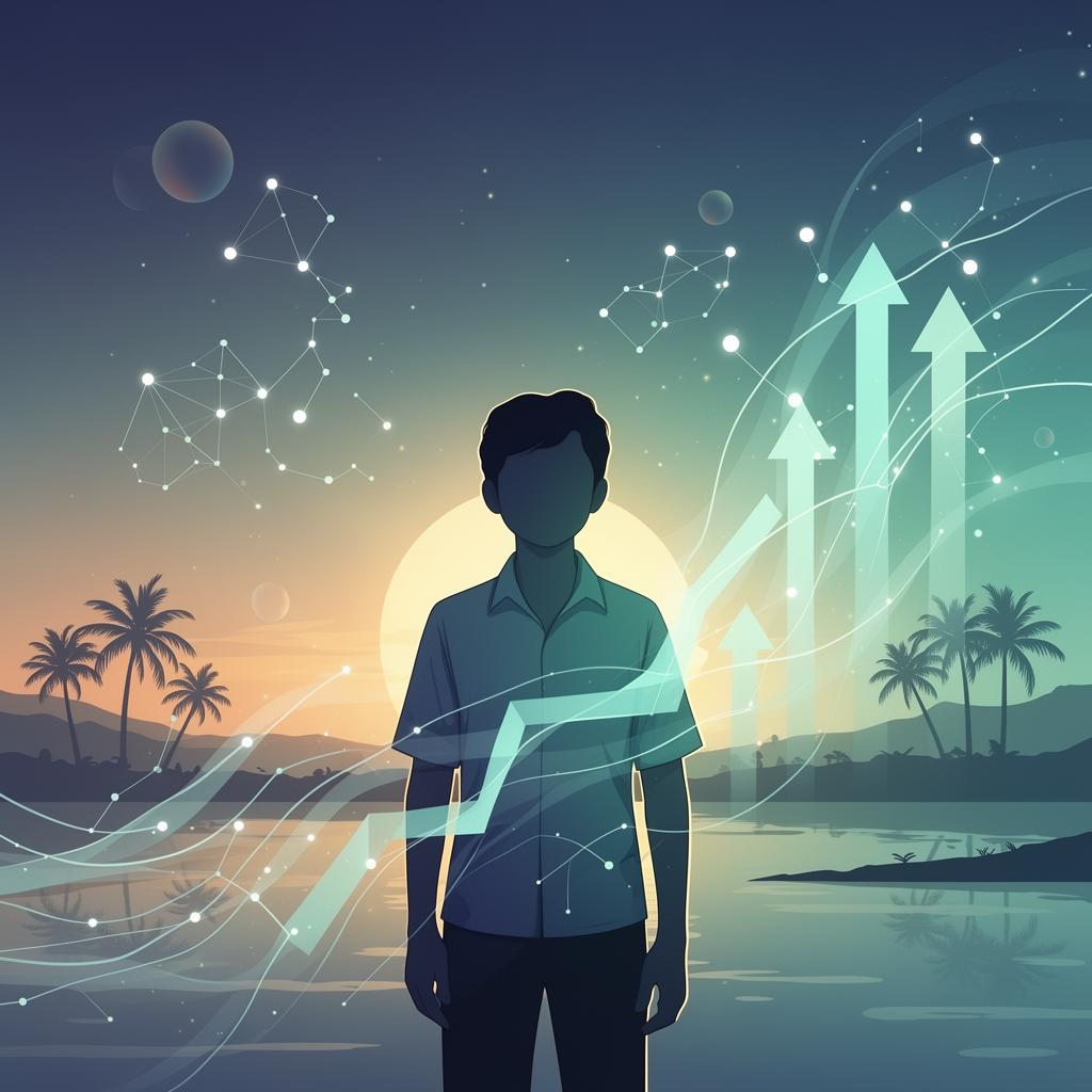 A young Kerala student stands at sunrise surrounded by flowing data, neural pathways, and rising career arrows — symbolizing AI-powered career discovery.